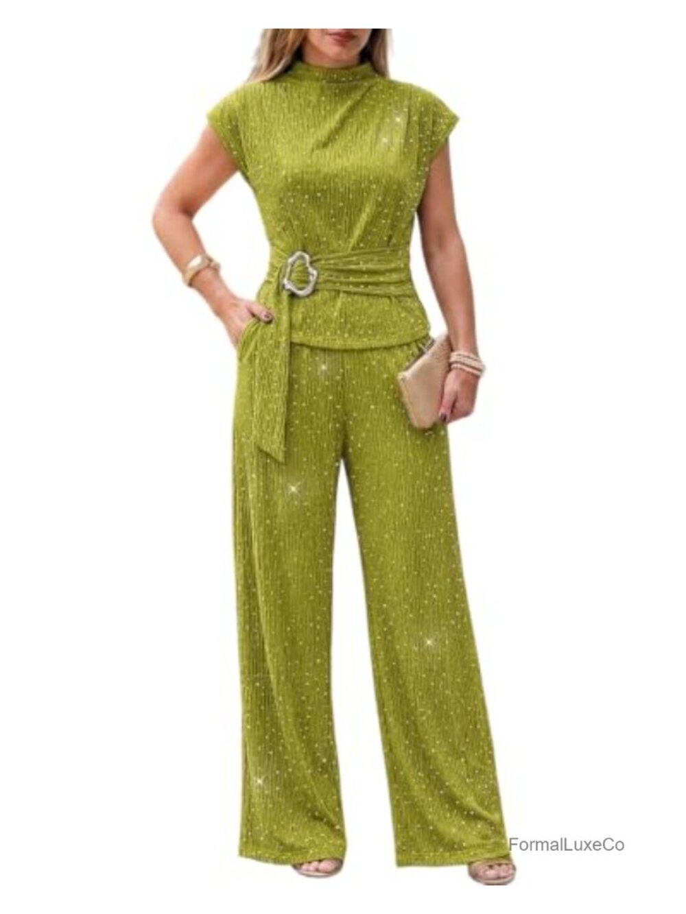 CHICME Women 2 Piece Textured Rhinestone Dressy Wide Leg Pants Set